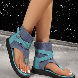 Blue-teal gladiator style ankle wrap back zipper sandals